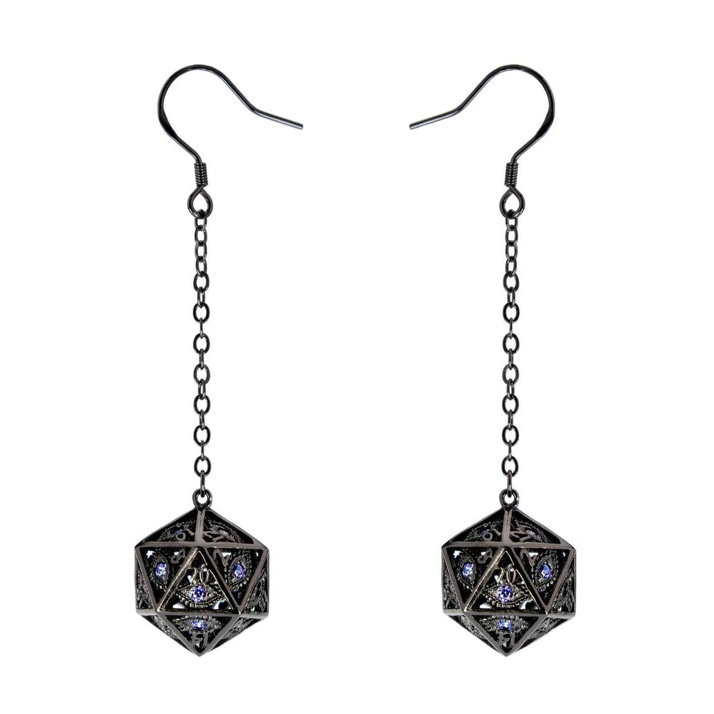 Dragon's Eye D20 Dice Earrings Gunmetal w/Purple Gems