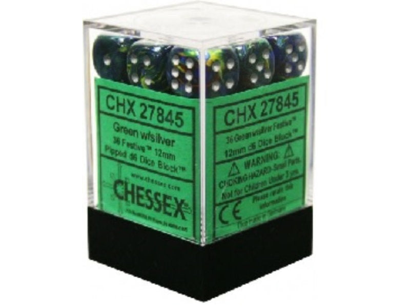 Festive Green/Silver 12mm d6 Dice Block (36 Dice)
