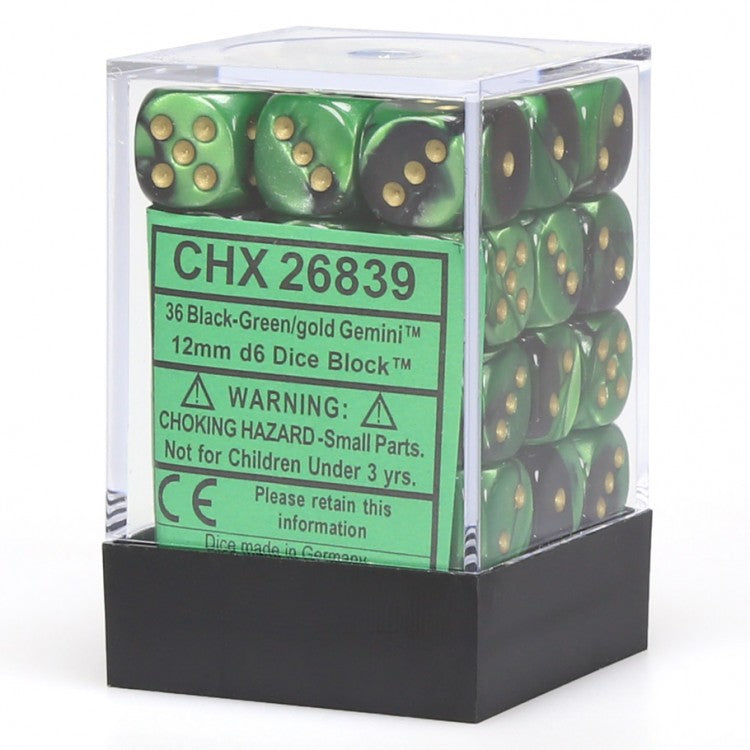 Dice Cube 36d6 Gemini Black-Green with Gold