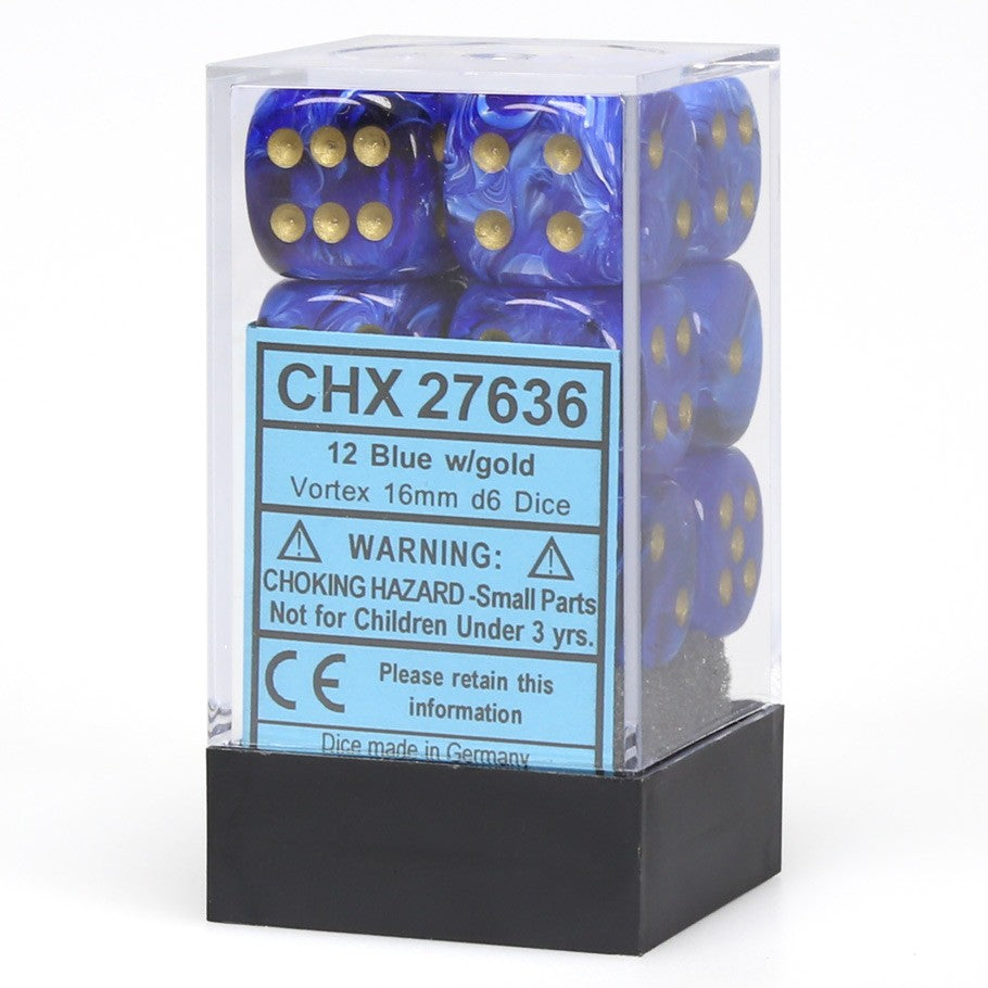 Vortex Blue/Gold 16mm d6 Dice Block (12 Dice)