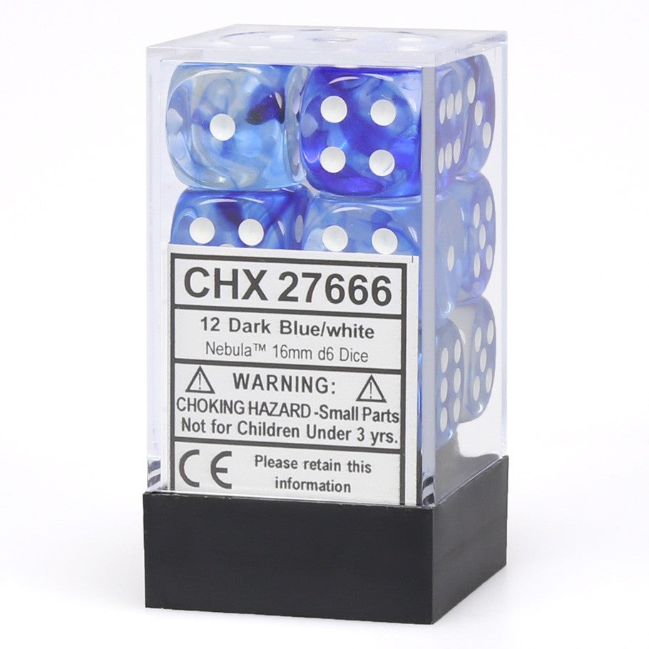 Nebula Dark Blue/White 16mm d6 Dice Block (12 Dice)