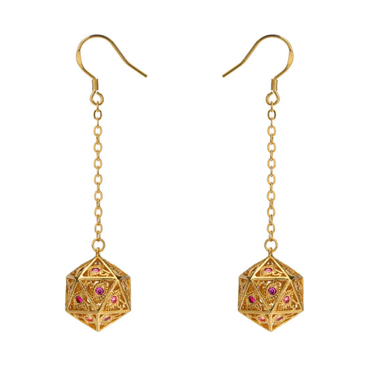 Dragon's Eye D20 Dice Earrings Gold w/Ruby Red Gems