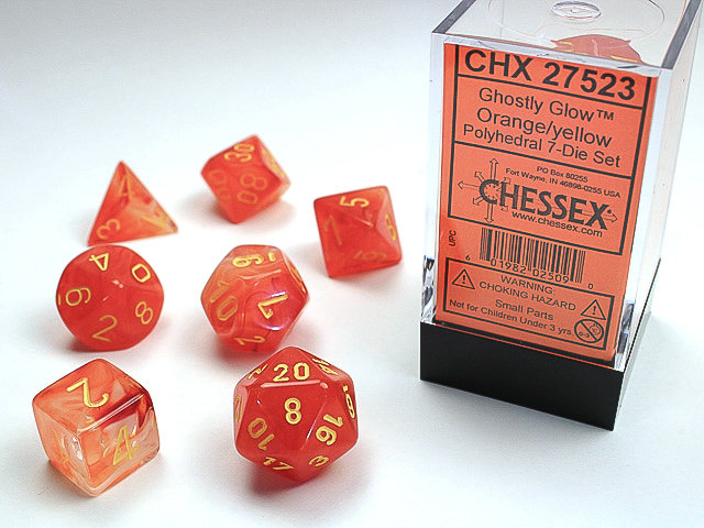 Dice Cube 7-Piece Ghostly Glow Orange with Yellow