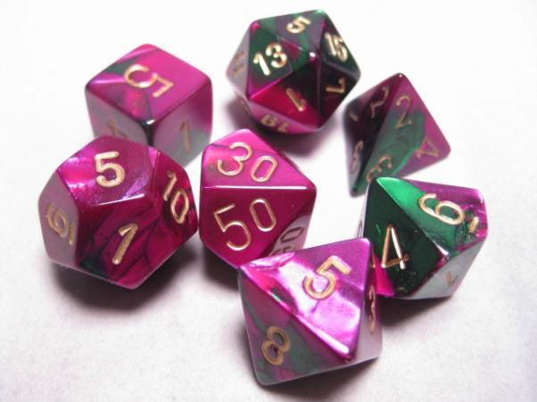 Dice Cube 7-Piece Gemini Green-Purple with Gold