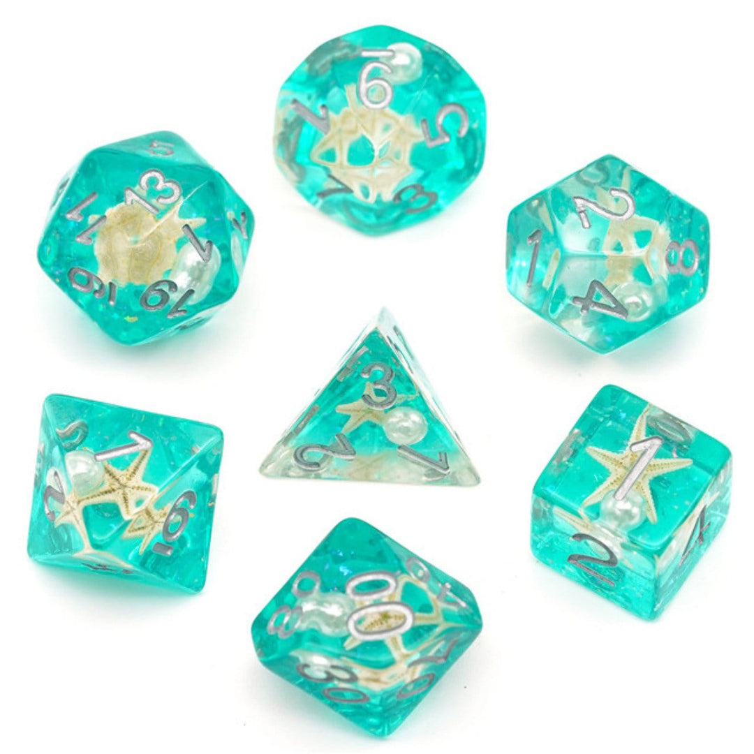 Dice Set Green Glitter with Starfish and Peal (7 Dice)