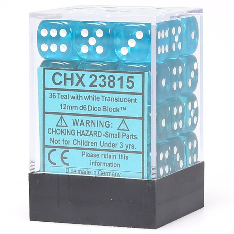 Dice Cube 36d6 Translucent Teal with White