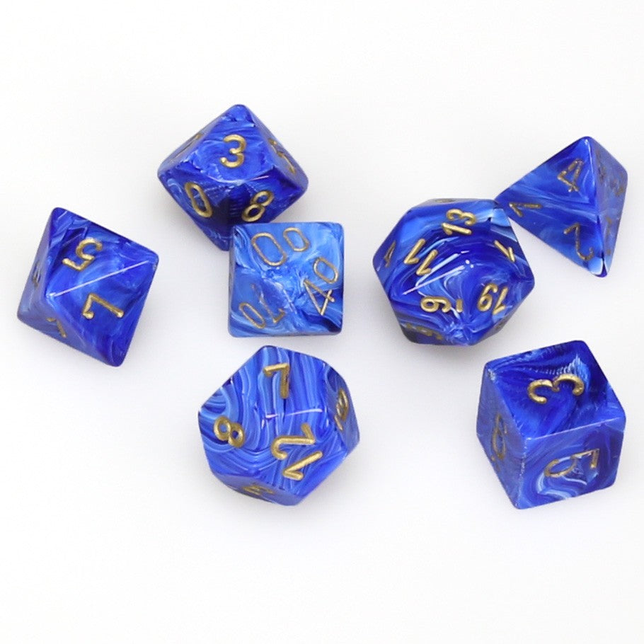 Dice Cube 7-Piece Vortex Blue with Gold