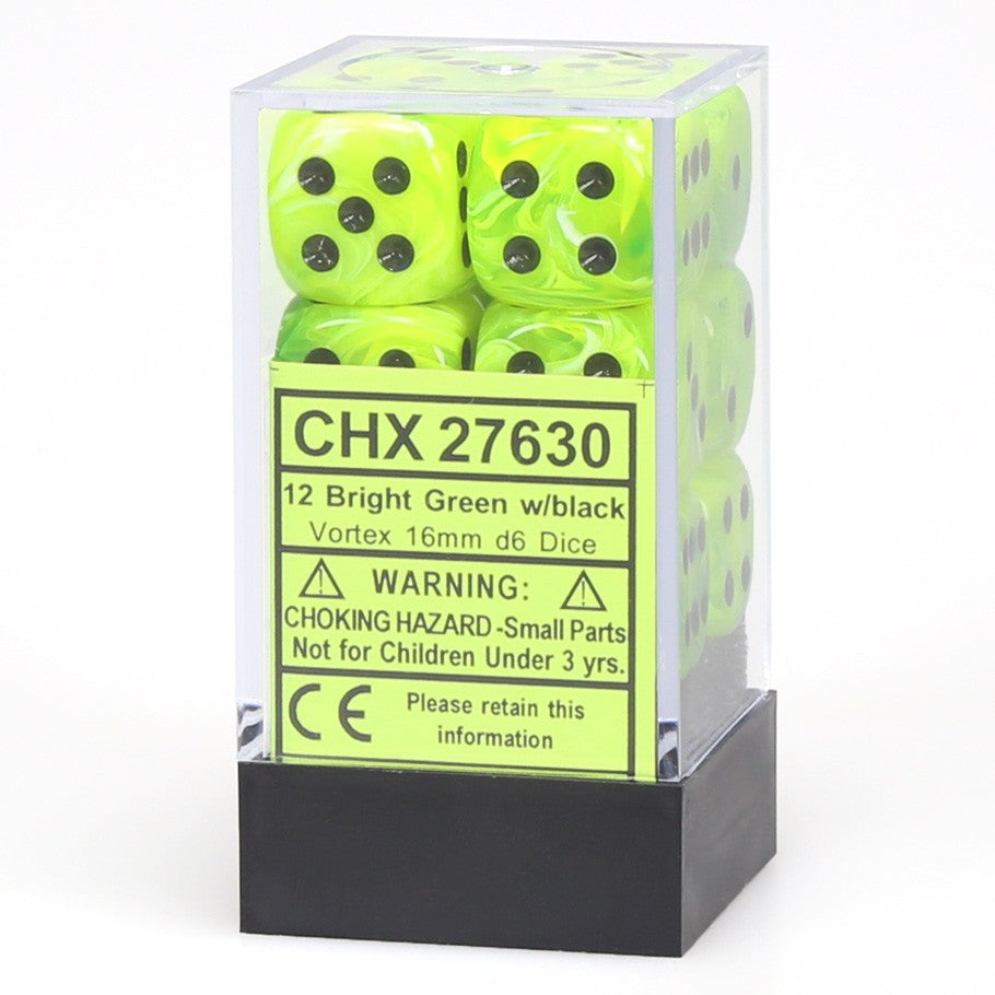 Vortex Bright Green/Black 16mm d6 Dice Block (12 Dice)