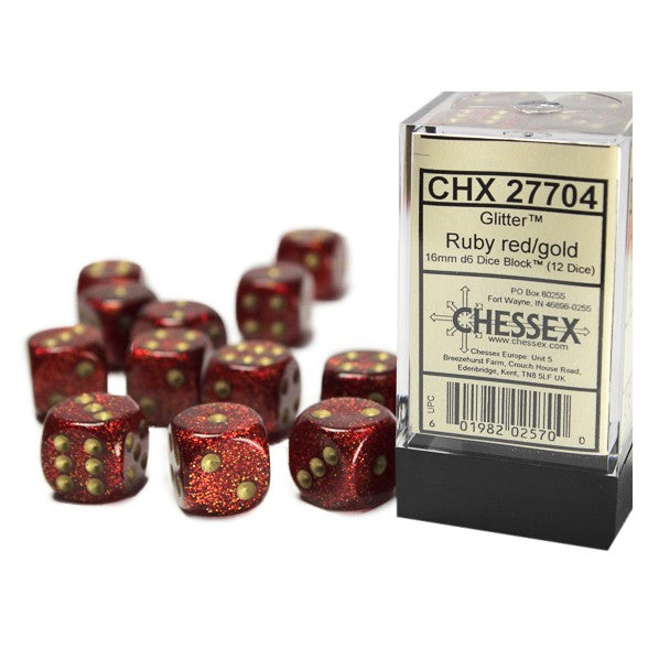 Glitter Ruby Red/Gold 16mm d6 Dice Block (12 Dice)