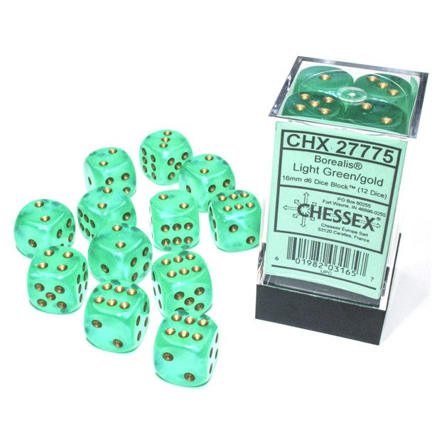 Borealis Light Green/Gold 16mm d6 Dice Block (12 Dice)